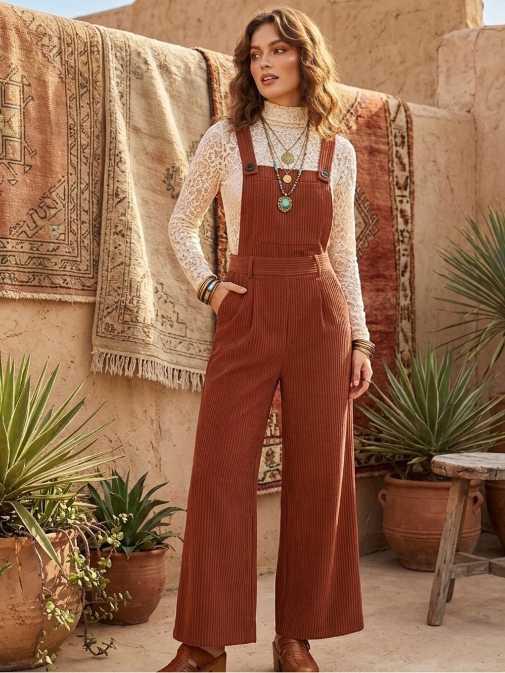 Cider Terracotta Corduroy Wide Leg Jumpsuit Orange Overalls M 70s Retro Vibe